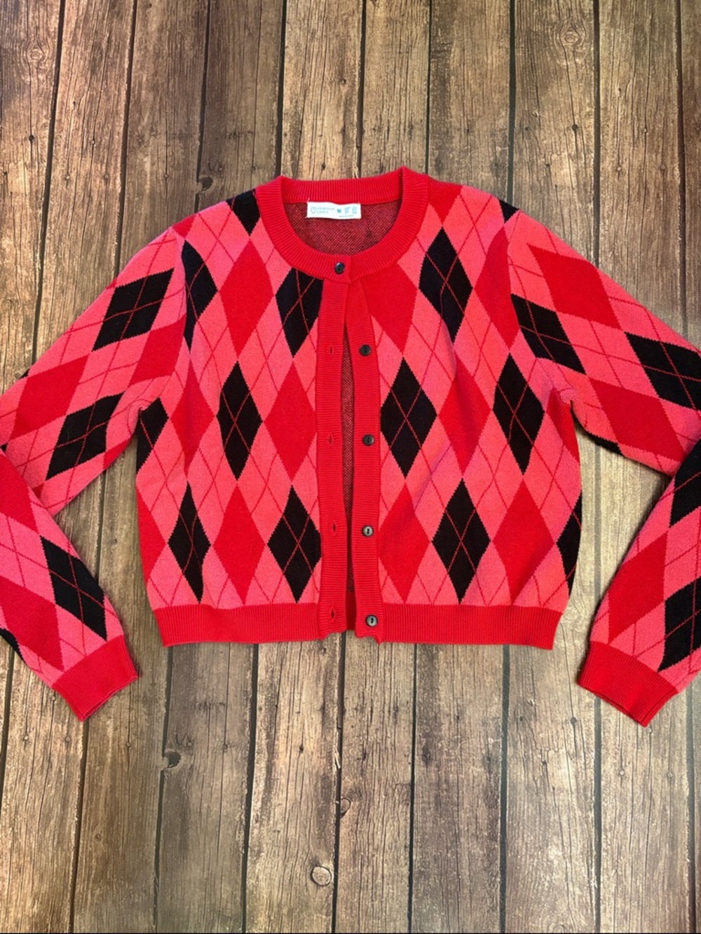Primark Red & Pink Argyle Button-Front Cropped Cardigan Sz M